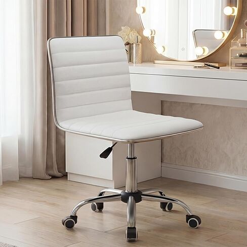 Furmax Mid Back Vanity Chair for Makeup Room, Low Back PU Leather Swivel Computer Desk Chair, Task and Office Chair Retro with Armless Ribbed (White) in Kuwait
