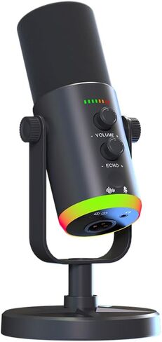 ميكروفون ديناميكي لسطح المكتب USB/XLR مع إضاءة RGB وتقليل الضوضاء وزر كتم الصوت ومقبس سماعة الرأس - بودكاست، والألعاب، وميكروفون بث للكمبيوتر الشخصي والكمبيوتر (أسود) in Kuwait