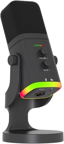 ميكروفون ديناميكي لسطح المكتب USB/XLR مع ضوء RGB، وزر تقليل الضوضاء وكتم الصوت لتسجيل البودكاست، وميكروفون بث ألعاب الكمبيوتر الشخصي مع ضوء RGB، وزر كتم الصوت، ومقبس سماعات الرأس (أسود) in Kuwait