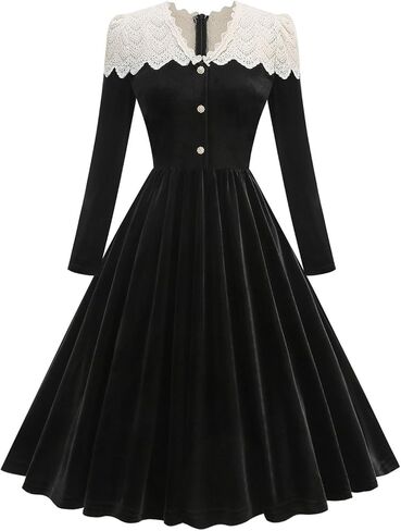 Womens Lace Velvet Christmas Dress Long Sleeve Swing A-line 1950s Vintage Dress Cocktail Party Evening Prom Gown in Saudi Arabia