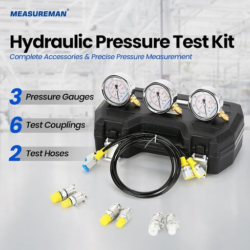 MEASUREMAN Hydraulic Test Gauge Kit with 3 Gauges (0-250bar/0-400bar/0-600bar) 6 Test Couplings 2 Hoses, High Precision Hydraulic Test Gauge Kit for Excavator, Machinery in Saudi Arabia