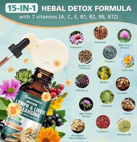 Liposomal Lymphatic Drainage Drops: 23 in 1 Lymphatic Drainage Supplements, Rich in Echinacea, Artichoke,Burdock Root,Elderberry for Lymphatic, Lungs, Liver Cleanse Detox & Repair, 2 fl oz in Kuwait