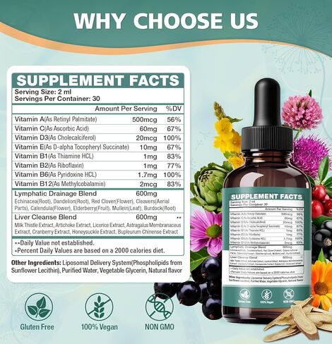 Liposomal Lymphatic Drainage Drops: 23 in 1 Lymphatic Drainage Supplements, Rich in Echinacea, Artichoke,Burdock Root,Elderberry for Lymphatic, Lungs, Liver Cleanse Detox & Repair, 2 fl oz in Kuwait