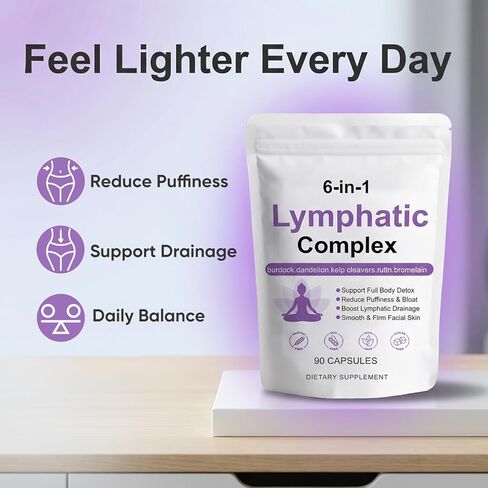 6-in-1 Lymphatic Complex Capsules - Lymphatic Drainage for Reduce Bloat, Balance Cortisol, Burdock, Dandelion, Kelp Cleavers (90 Servings) in Kuwait
