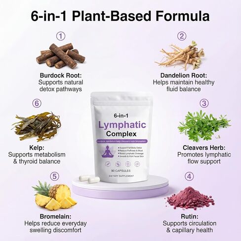 6-in-1 Lymphatic Complex Capsules - Lymphatic Drainage for Reduce Bloat, Balance Cortisol, Burdock, Dandelion, Kelp Cleavers (90 Servings) in Kuwait