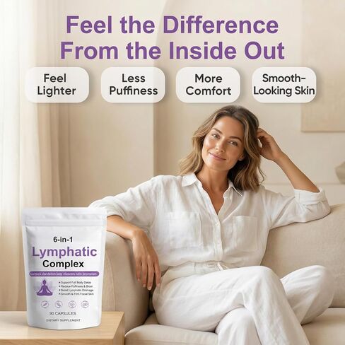 6-in-1 Lymphatic Complex Capsules - Lymphatic Drainage for Reduce Bloat, Balance Cortisol, Burdock, Dandelion, Kelp Cleavers (90 Servings) in Kuwait