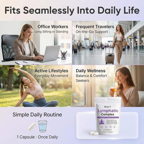 6-in-1 Lymphatic Complex Capsules - Lymphatic Drainage for Reduce Bloat, Balance Cortisol, Burdock, Dandelion, Kelp Cleavers (90 Servings) in Kuwait