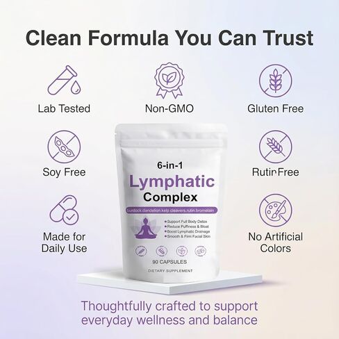 6-in-1 Lymphatic Complex Capsules - Lymphatic Drainage for Reduce Bloat, Balance Cortisol, Burdock, Dandelion, Kelp Cleavers (90 Servings) in Kuwait