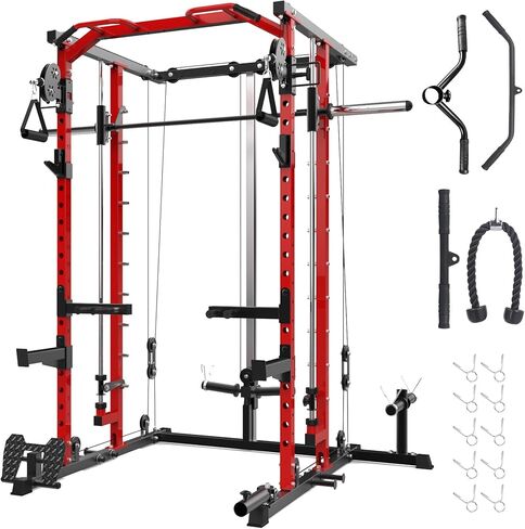 GAOMON Smith Machine Squat Rack, Heavy Duty Strength Training Power Cage with Pulley System, Dip Bar, LAT Pulldown, Multifunctional Workout Machine for Home Gym, Studio, Red in Saudi Arabia