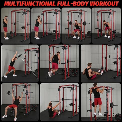 GAOMON Smith Machine Squat Rack, Heavy Duty Strength Training Power Cage with Pulley System, Dip Bar, LAT Pulldown, Multifunctional Workout Machine for Home Gym, Studio, Red in Saudi Arabia