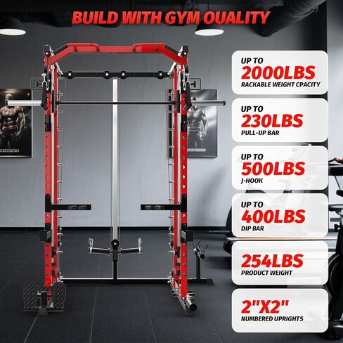 GAOMON Smith Machine Squat Rack, Heavy Duty Strength Training Power Cage with Pulley System, Dip Bar, LAT Pulldown, Multifunctional Workout Machine for Home Gym, Studio, Red in Saudi Arabia