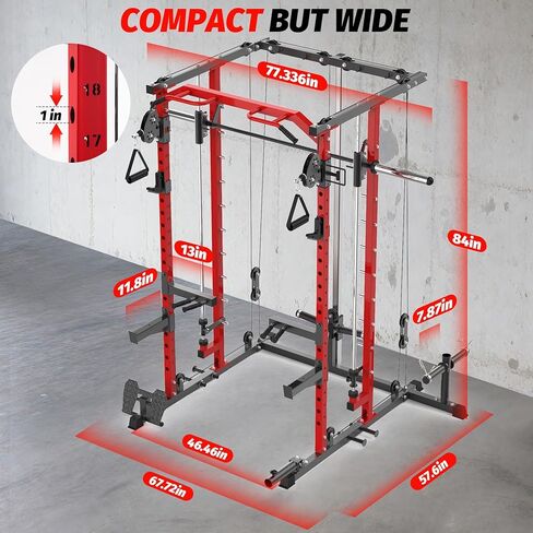 GAOMON Smith Machine Squat Rack, Heavy Duty Strength Training Power Cage with Pulley System, Dip Bar, LAT Pulldown, Multifunctional Workout Machine for Home Gym, Studio, Red in Saudi Arabia