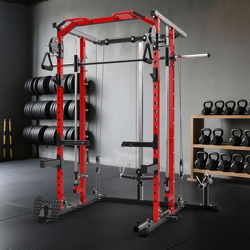 GAOMON Smith Machine Squat Rack, Heavy Duty Strength Training Power Cage with Pulley System, Dip Bar, LAT Pulldown, Multifunctional Workout Machine for Home Gym, Studio, Red in Saudi Arabia