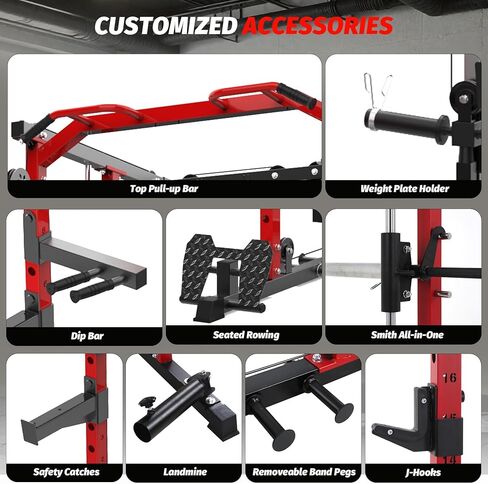 GAOMON Smith Machine Squat Rack, Heavy Duty Strength Training Power Cage with Pulley System, Dip Bar, LAT Pulldown, Multifunctional Workout Machine for Home Gym, Studio, Red in Saudi Arabia