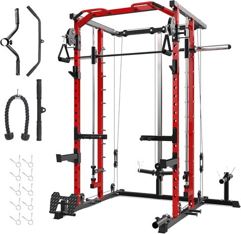 GAOMON Smith Machine Squat Rack, Heavy Duty Strength Training Power Cage with Pulley System, Dip Bar, LAT Pulldown, Multifunctional Workout Machine for Home Gym, Studio, Red in Saudi Arabia