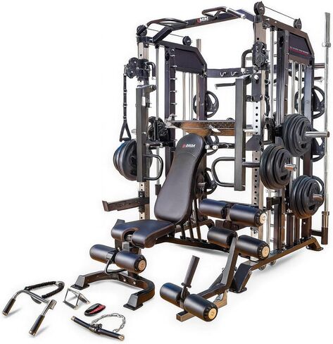 MiM USA Hercules Commercial Smith Machine رف طاقة للتدريب الوظيفي، صالة ألعاب رياضية منزلية الكل في واحد، كومة وزن 400 رطل، مقعد Adj، أذرع جهاز تشويش، ضغط الساق، تمديد الساق، تجعيد الذراع، مقعد LAT، 24 مرفقًا in Saudi Arabia