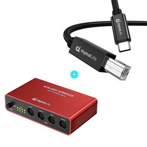 حزمة DigitalLife MIDI Thru & Merge - صندوق دمج MIDI 4x4 مستقل و2x4 MIDI مع كابل USB-C إلى USB-B MIDI، غلاف معدني، مؤشرات LED، لا يتطلب جهاز كمبيوتر in Kuwait