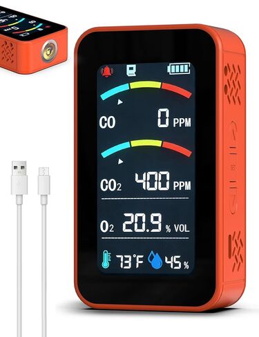 Oxygen Detector, SQECH 7-in-1 Rechargeable Oxygen Monitor Measures CO/CO2/O2/Temperature/Humidity, with Flashlight & SD Card, Oxygen Meter with Alarm & 3.27" Display, for Home, Camping, RV, Travel in Kuwait