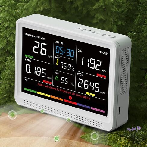 bonoch 16 in 1 Air Quality Monitor Indoor 10h-Battery & 5.5" Display 9 AQI+7 AQI Alerts, CO2 Monitor, Air Quality Tester for CO2, TVOC PM2.5 PM1.0 PM10 HCHO Temperature Humidity AQI & Time Air Meter in Kuwait