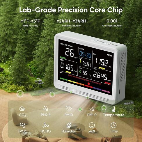 bonoch 16 in 1 Air Quality Monitor Indoor 10h-Battery & 5.5" Display 9 AQI+7 AQI Alerts, CO2 Monitor, Air Quality Tester for CO2, TVOC PM2.5 PM1.0 PM10 HCHO Temperature Humidity AQI & Time Air Meter in Kuwait