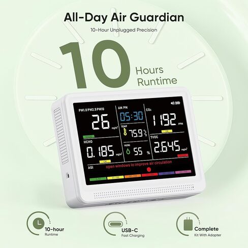bonoch 16 in 1 Air Quality Monitor Indoor 10h-Battery & 5.5" Display 9 AQI+7 AQI Alerts, CO2 Monitor, Air Quality Tester for CO2, TVOC PM2.5 PM1.0 PM10 HCHO Temperature Humidity AQI & Time Air Meter in Kuwait
