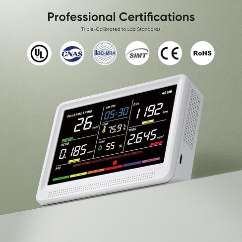 جهاز مراقبة جودة الهواء 16 في 1 من Bonoch، بطارية 10 ساعات داخلية وشاشة 5.5 بوصة، 9 تنبيهات AQI+7 AQI، مراقب ثاني أكسيد الكربون، جهاز اختبار جودة الهواء لثاني أكسيد الكربون، TVOC PM2.5 PM1.0 PM10 HCHO ودرجة الحرارة والرطوبة AQI ومقياس هواء الوقت in Saudi Arabia
