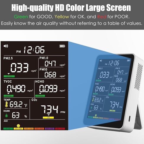 جهاز مراقبة جودة الهواء الداخلي الاحترافي مع تنبيهات AQI، كاشف محمول في الوقت الحقيقي للمنزل والسيارة والنباتات والحيوانات الأليفة in Kuwait