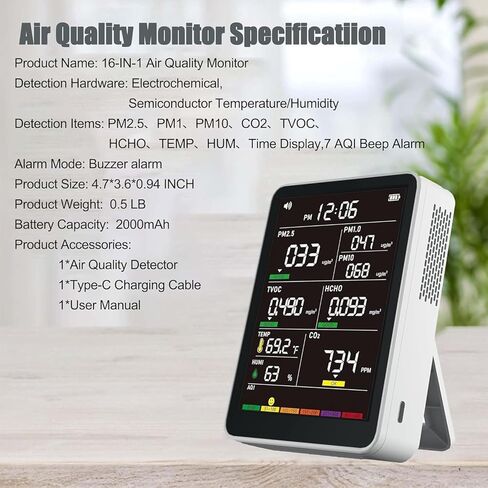 جهاز مراقبة جودة الهواء الداخلي الاحترافي مع تنبيهات AQI، كاشف محمول في الوقت الحقيقي للمنزل والسيارة والنباتات والحيوانات الأليفة in Kuwait