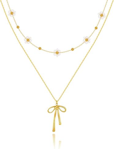 KSF Womens Gold Bow Pearl Necklace - Dainty 18k Gold Plated Bow Daisy Pearl Netclaces for Women ، Bow Bow Flower Stoker Necklace Trendy Jewelry Gifts in Kuwait