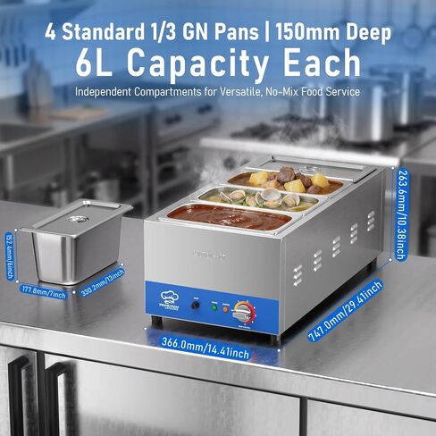 جهاز تسخين الطعام التجاري ذو 4 مقلاة من ETL مع خزان قطعة واحدة غير ملحوم ومقلاة GN مقاس 4 من 1/3، وطاولة بخار لمحطة حساء كونترتوب 120 فولت 1500 وات للبوفيه والحفلات والمطاعم in Kuwait