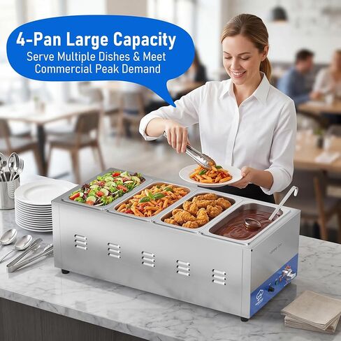 جهاز تسخين الطعام التجاري ذو 4 مقلاة من ETL مع خزان قطعة واحدة غير ملحوم ومقلاة GN مقاس 4 من 1/3، وطاولة بخار لمحطة حساء كونترتوب 120 فولت 1500 وات للبوفيه والحفلات والمطاعم in Kuwait