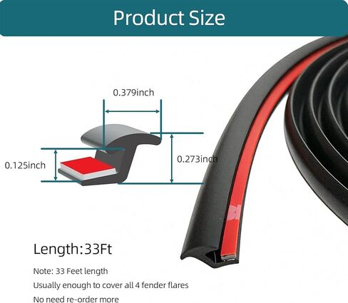 Tintvent Fender Flare Edge Trim 33Feet, EPDM Fender Flare Rubber Seal for Car and Truck Wheel Wells, Rubber Gasket for Fender Flares, Fender Trim with Automotive Grade Tape, Black in Kuwait
