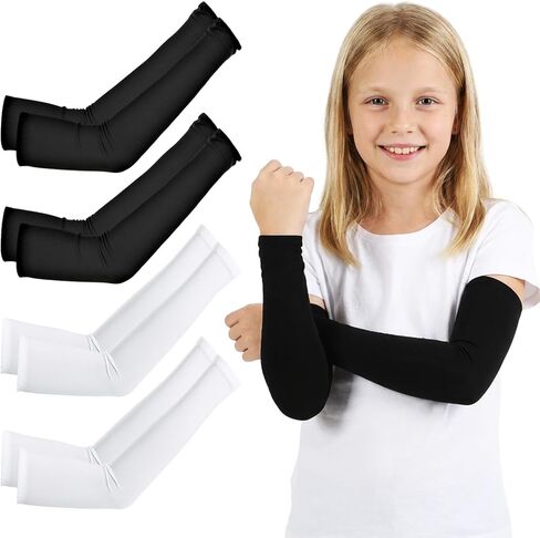 4 Pairs Arm Sleeves for Kids, Black & White Arm Sleeves Breathable Arms Compression Sleeve for Basketball, Football, Baseball, Volleyball Youth, in Saudi Arabia