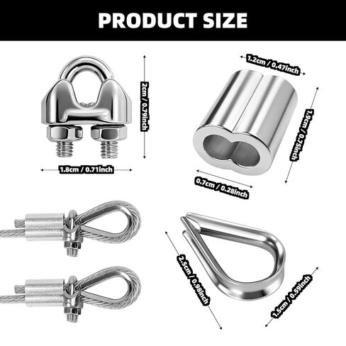 90 قطعة M3 1/8 بوصة مشابك كابلات، M3 كشتبان من الفولاذ المقاوم للصدأ M3 الألومنيوم حلقة تجعيد لكابل سلك حبل 1/8 بوصة (3 أنماط، 30 قطعة لكل منها) in Kuwait