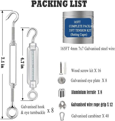 Batting Cage Netting Wire Tension Kit for 35/55/70FT Batting Cage Cable Suspension Kits Batting Cage Netting Baseball Softball DIY Net Hanging Kit Indoor and Outdoor Backyard Design in Kuwait