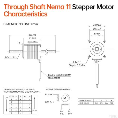 Through Shaft Nema 11 Stepper Motor TR5x1 300mm 1.8‌°‌ 2 Phase High Torque 6Ncm(8.5oz·in) Bipolar 1.0A 2.9Ω 31mm 28 Step Motor with T5 300mm Cable 1M for 3D Printer DIY Robot CNC in Kuwait