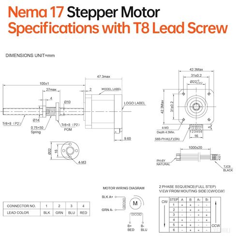 Nema 17 Stepper Motor TR8x8 100mm with T8 Lead Screw 1.8‌°‌ 2 Phase High Torque 0.55Nm (77.89oz·in) Bipolar 1.7A 2.0Ω 48mm 42 Step Motor 4-Wire Connector Cable 1M for 3D Printer DIY Robot CNC in Kuwait