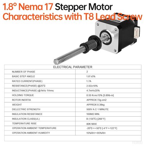 Nema 17 Stepper Motor TR8x8 100mm with T8 Lead Screw 1.8‌°‌ 2 Phase High Torque 0.55Nm (77.89oz·in) Bipolar 1.7A 2.0Ω 48mm 42 Step Motor 4-Wire Connector Cable 1M for 3D Printer DIY Robot CNC in Kuwait