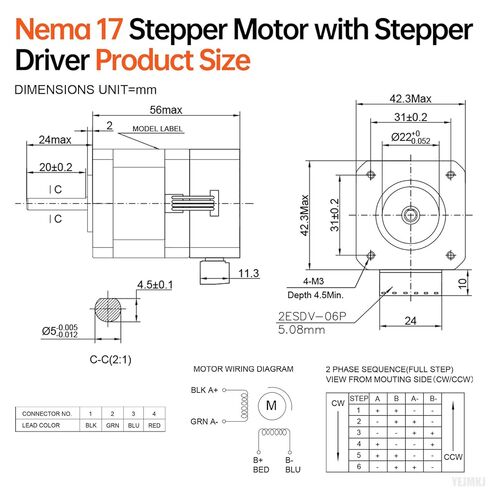 Nema 17 Stepper Motor with Integrated Stepper Driver 1.8‌°‌ 2 Phase High Torque 0.41Nm(58.06oz·in) Bipolar 1.5A 2.0Ω 56mm 42 Stepper Motor with Controller for 3D Printer DIY Robot CNC Machine in Kuwait