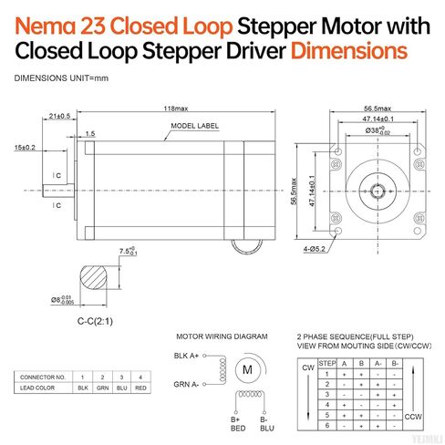 Nema 23 Closed Loop Stepper Motor with Integrated Closed Loop Stepper Driver 1.8‌°‌ 2 Phase High Torque 2.5Nm(354.03oz·in) Bipolar 4.2A 0.50Ω 118mm Cable 0.3M for CNC Mill Lathe in Kuwait