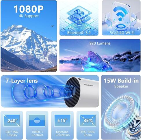 Auto Keystone Projector with WIFI 6 and 5.3 Bluetooth, Pericat 210° Rotatable Portable Projector, 18000L 4K Native 1080P Projector, Outdoor Movie Projector Compatible for Laptop (White) in Kuwait