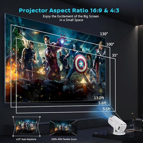 Auto Keystone Projector with WIFI 6 and 5.3 Bluetooth, Pericat 210° Rotatable Portable Projector, 18000L 4K Native 1080P Projector, Outdoor Movie Projector Compatible for Laptop (White) in Kuwait
