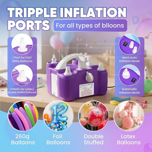 4-in-1 Balloon Pump Electric - Triple-Port 600W Air Pump for Balloons Latex, Foil Mylar Balloon, 260Q | Inflatables & Sports Balls | Portable Electric Balloon Pump with Hose, Nozzles & Ball Needles in Kuwait