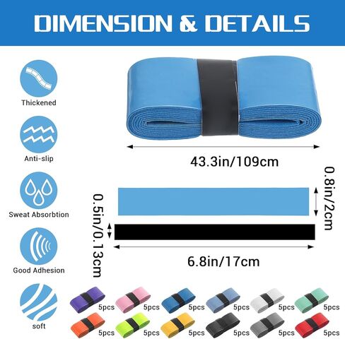 60 قطعة من شريط قبضة مضرب التنس، 12 لونًا، شريط قبضة مضرب كرة الريشة، مقابض بولي يوريثان ممتازة لمقاومة الانزلاق وامتصاص العرق، غلاف مقبض مسبق القطع للتنس، كرة الريشة، الاسكواش، كرة المخلل in Kuwait