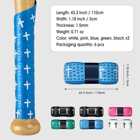 6 Pcs 1.5mm Precut Full Adhesive Baseball Bat Grip Tape, Cross Faith Non Slip Bat Handle Wrap, 43.3x1.18in Sports Grip Tape for Baseball Softball Cricket, Compatible with Most Bats in Kuwait