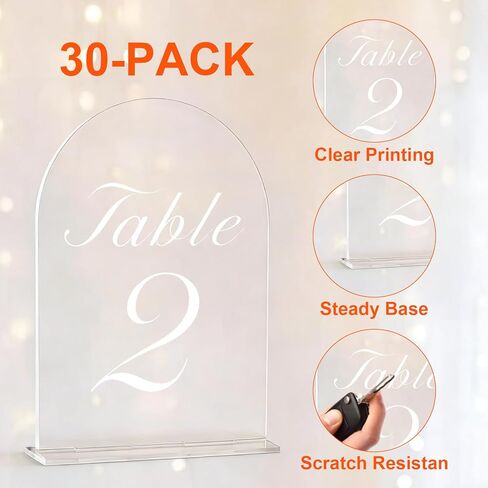 30 Pack Arch Wedding Table Numbers 1-30 with Stands, 5x7 inches Clear Acrylic Table Number Holders Wedding Signs Place Cards for Wedding Reception, Party, Anniversary, Events in Saudi Arabia