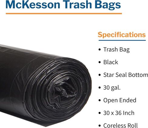 McKesson 30 Gallon Trash Bags - 250 Count, 30" x 36" Black Garbage Bags, Durable 0.58 Mil with Star-Sealed Bottom, Large Trash Can Liners for Commercial Use, Coreless Rolls in Kuwait