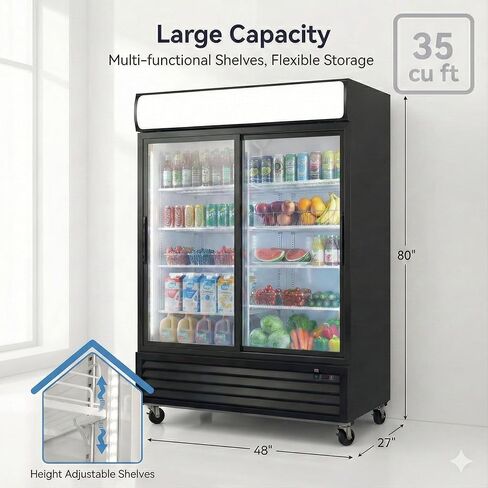 Commercial Refrigerator Glass 2-Door Sliding Door Merchandiser Display Cooler Beverage Fridge Drink cooler NSF Certified, 48 inches width, capacity 40 cuft 110V, Restaurant Kitchen Cafe LCG-1000BFS in Kuwait