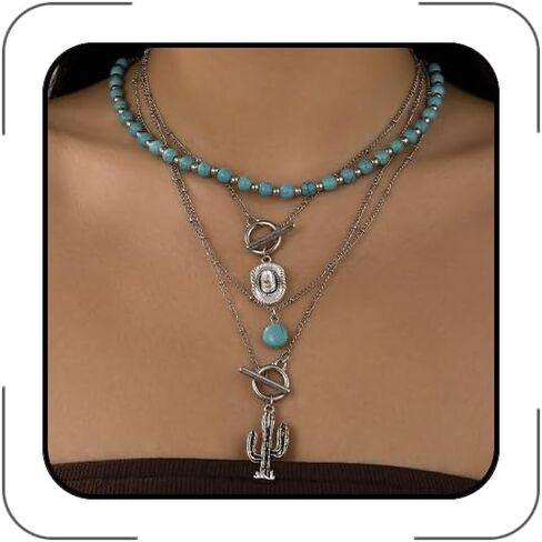 Western Necklaces for Women Country Concert Outfits Boho Turquoise Necklace Cowgirl Cowboy Layered Necklace Bohemian Vintage Country Accessorie in Kuwait