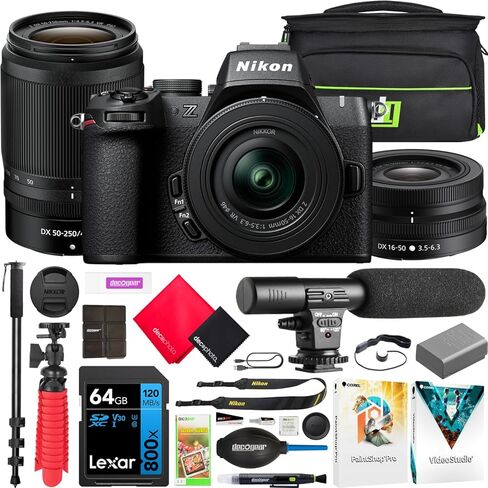 Nikon Z50ii Mirrorless Camera 4K DX Body مع 16-50 مم F/3.5-6.3 VR Lens Kit 1786 Bundle مع حقيبة ظهر Deco Gear Photography + LED + حزمة من 2 64 جيجابايت من بطاقات الذاكرة + البرامج والملحقات in Kuwait